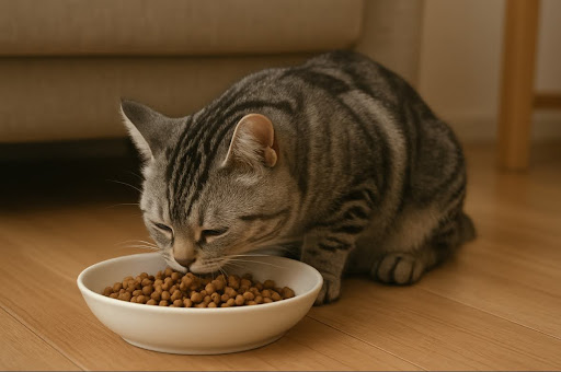 ご飯を食べているキジトラ猫