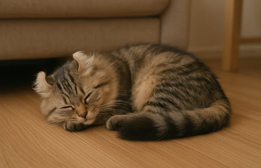 寝ているキジトラのアメリカンカール